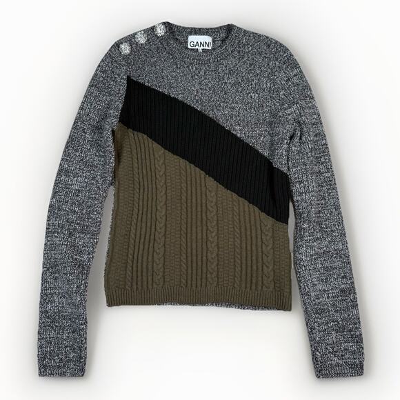 GANNI Women's Jeweled Sweater Black Olive Gray Color Block Womens Size Small - Picture 1 of 8